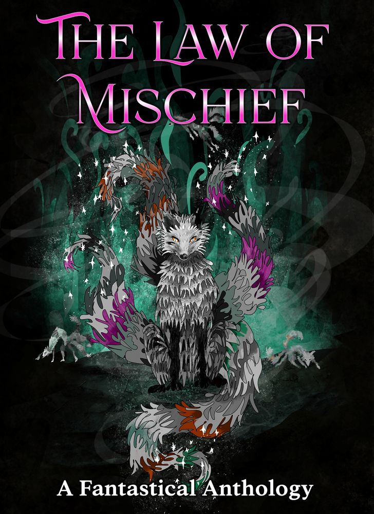 Image of the front cover of The Law of Mischief. Featuring a kitsune surrounded by magic. 