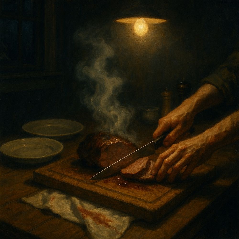 The Houseknife Mass
Wednesday dusk: the kitchen ticks in low light,
 bare bulb buzzing a tired halo over sink and board.
 You lift / the knife: nicked steel, small athame of the house,
 edge re-honed on a decade of late shifts and thawed roasts.
 Steam lifts from the flesh like a restless ghost,
 fogging the window, smudging the street to smear.
Everyone waits in the next room, plates stacked
 on the table, shallow white offering-bowls
 ringed in everyday chips; your wrists remember
 other evenings, other carcasses, the way fatigue
 settles in the joints like fine ash.
Now you press / down and the blade slides in, parting the fibres with a wet hush that seems louder than the fridge-motor, louder than the laughtrack leaking from the lounge, louder than your own pulse, and the meat opens along an invisible vein, gloss spreading, a slow tithe paid out onto wood already scarred with prior cut-lines and stuttered angles, the board drinking it in where old stains darken to near-black, and when the first warm drop arcs off the edge and strikes the white towel you keep for this—minor shroud, altar linen, streaktaking cloth—something in the room sutures and splits at once.
For a breath the knife sees instead of you:
 flash-memory of every wrist that ever swung it,
 callused, ringed, inked, trembling;
 a lineage of housepriests parsing portions,
 measuring love in grams and tendons.
Then time resumes its clatter.
 You separate thigh from bone, fat from lean,
 set the first plate down.
Voices rush back—who wants extra skin,
 did you remember the salt, pass the pepper—
 small benedictions spoken with full mouths
 as steam ghosts off into ordinary air.
 Later, alone with the dishes, you rinse the board,
 wring out the towel, watch the sinkwater coil
 its faint red spiral into the dark throat of the drain,
 and feel in your own marrow that something
 was offered and received, unnamed,
 still ticking under the bright, simple talk of being fed.
