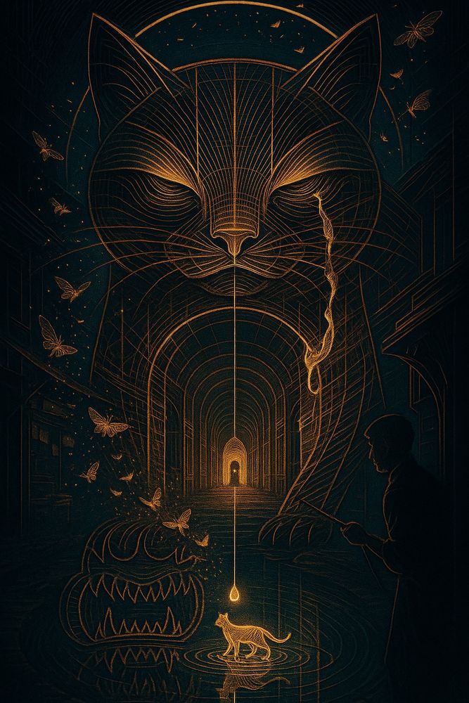 Cathedral Cat, Golden Tear
Imagine a midnight-teal scene etched entirely in glowing amber lines: a colossal cat’s face fills the upper half like a sacred icon, ringed by a faint halo of stars, its right eye trailing a bright tear down the cheek. From the cat’s nose a hair-thin filament of light drops straight to a single glowing droplet that hangs over black water. Below, a small cat stands ankle-deep in ripples, looking up at the drop as if it’s a blessing. The background is a vaulted tunnel—endless arched ribs receding to a tiny, radiant doorway in the distance—so the whole thing feels like a cathedral made of light. Moths or butterflies flutter around like sparks. On the left, there’s a cartoonish, jagged maw with rows of teeth emerging from the dark, and on the right a lone figure in silhouette holds a thin rod or wand, watching. Everything is drawn in fine, engraved lines—gold against deep blue—so the water, the stone, and the creatures all glow with the same dreamlike circuitry.


CC BY-NC-SA

This license enables reusers to distribute, remix, adapt, and build upon the material in any medium or format for noncommercial purposes only, and only so long as attribution is given to the creator. If you remix, adapt, or build upon the material, you must license the modified material under identical terms.

CC BY-NC-SA includes the following elements:

BY: credit must be given to the creator: Innerstellar Arcadia @innerarcadia.bsky.social
NC: Only noncommercial uses of the work are permitted.
SA: Adaptations must be shared under the same terms.

