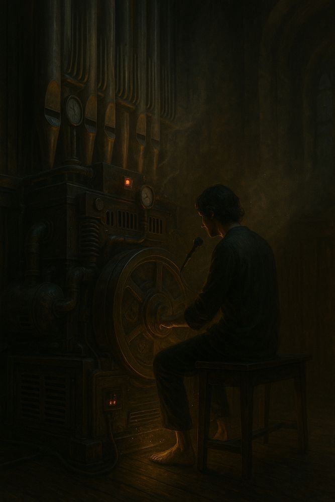 The Hum Behind the Hymn

In the half-lit hall / power-station nave,
 organ-pipes breathe heat instead of holiness,
 vents exhaling hymn-smoke from the hidden dynamo.
 Bare-headed, shoes off, my hand rests
 not on ivory, but on the humming flywheel,
 its rim engraved: Mercy / Justice / Joy—
 three small moons that blur to one halo
 when the metal remembers motion.

Some nights I sing to feed the blessing engine,
 hymn as fuel, praise as pressure in the lines;
 some nights I confess I crave the shine—
 I braid my hallelujahs with mirror-light,
 hoping the halo spills back on my skin.
 The red record lamp stays dark.
 The applause circuit clicks once, then nothing.

I clear my throat; the mic shrieks, sulks.
 Dust motes hang in the hush like held notes,
 then shimmy when a stray hum slips out of me.
 The hidden meter barely moves for flawless diction,
 but spikes when my mouth forgets the words
 and leans against a single open vowel,
 a homeless mmmmmmm in the metal air.

So I stop saying anything.
 Ear to the casing, lips shaping unsayable thanks,
 breath steaming the steel like incense.
 The flywheel shivers under my fingers,
 Triskele of motives blurring into one mute ring.

hymn
 hum — the bearings answer in a low, warm tremor
 hymn
 hum — the needle lifts, a shy, astonished twitch
 hymn
 hum — the whole machine remembers how to listen

Misfires multiply: I mouth the creed from muscle memory,
 a well-worn melody of fear—if I fall silent,
 will the current leave? My phrasing is perfect,
 each note a polished door that never opens.
 The room stays cool. The vents exhale nothing.

So I settle for a small, unscored humming,
 no text, no tremolo, just breath and metal:
 hymn/hum, praise/practice braided under my tongue.
 Somewhere inside, a relay softly closes;
 the red light flickers, then declines to decide.
 When my voice is gone, the generator keeps turning,
 very faintly, on whatever hum
 remains after the song stops being sung.
