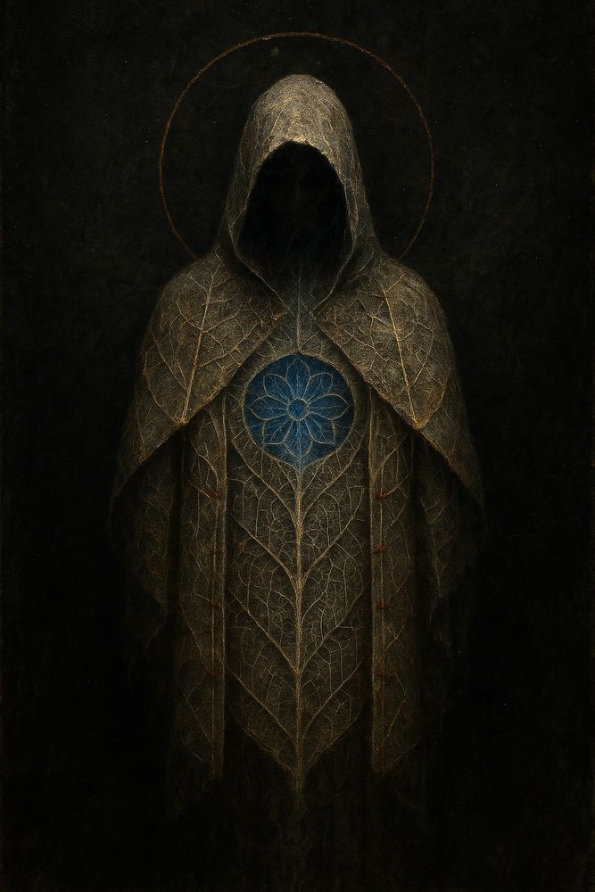 okay—picture this: in the middle of a pitch-dark, velvety backdrop stands a tall, hooded figure, front-facing and utterly still. The face is swallowed by shadow, no features at all, just a deep void under the hood. The cloak looks like it’s been grown rather than sewn—warm tobacco and ochre tones with leaf veins mapped across it, a central spine of branching lines running straight down the body and smaller veins fanning out over layered panels like pressed foliage. A thin gold circle, like a saint’s halo, hovers behind the head. At the chest there’s a glowing round medallion of cool blue—a flower or mandala drawn in fine white lines—so it feels like a heart made of light. Everything else is matte and earthy: faint reddish stitch marks, soft edges, and that botanical pattern catching the dim light, while the blue rosette is the one electric note, pulling your eye and giving the whole scene a sacred, woodland-icon vibe.

CC BY-NC-SA

This license enables reusers to distribute, remix, adapt, and build upon the material in any medium or format for noncommercial purposes only, and only so long as attribution is given to the creator. If you remix, adapt, or build upon the material, you must license the modified material under identical terms. CC BY-NC-SA includes the following elements:
BY: credit must be given to the creator.
NC: Only noncommercial uses of the work are permitted.
SA: Adaptations must be shared under the same terms.
