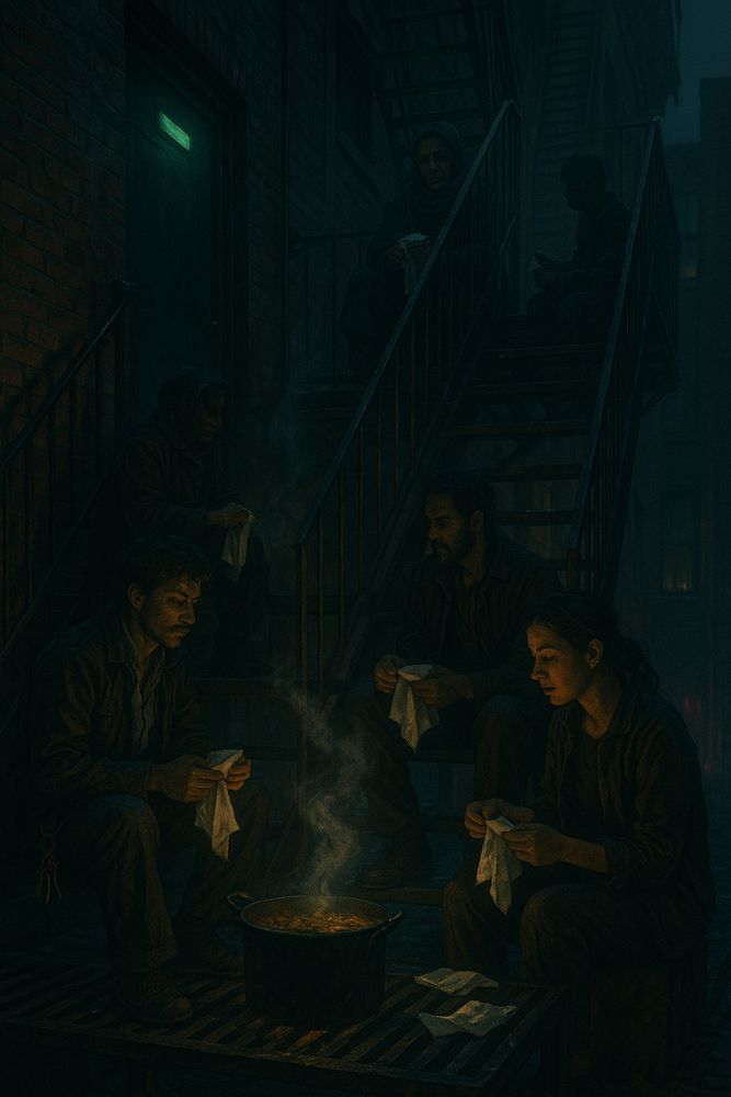 Emergency Commons

Plates placed / on the NO STANDING step,
 the staircase drafted into the soft jurisdiction of soup.
 Keys tick at hips like pocket statutes,
 a small committee of shoulders huddled toward the rail,
 while a long white siren-thread combs the street below and nobody breathes.
Ladle passed / hand to hand / no names asked,
 steam ghosts crossing track-lines, contraband weather breaching metal logic.
 This fire escape glitches—alley/aisle, escape/embrace—
 a provisional threshold where knees touch, then flinch apart,
 every laugh filed as temporary, subject to recall.
White napkins lifted / visas and surrender-flags both,
 amnesty of the second helping quietly approved.
 The gap between brick and alley holds as demilitarized zone,
 armistice written in leaning backs, in ankles hooked through cold rungs,
 in keys unclipped, palms bare, wrists visible to the dark consulate window.
[ ]
Later, only residue: melted ice in slow appeal
 dripping through the grate, indexing overflow to the alley docket.
 The EXIT sign glows above a door no one tests,
 its promise of elsewhere expired yet still in force.
 One bent spoon on the landing, cooling—
 a minor clause of mercy left unsigned by the night.

