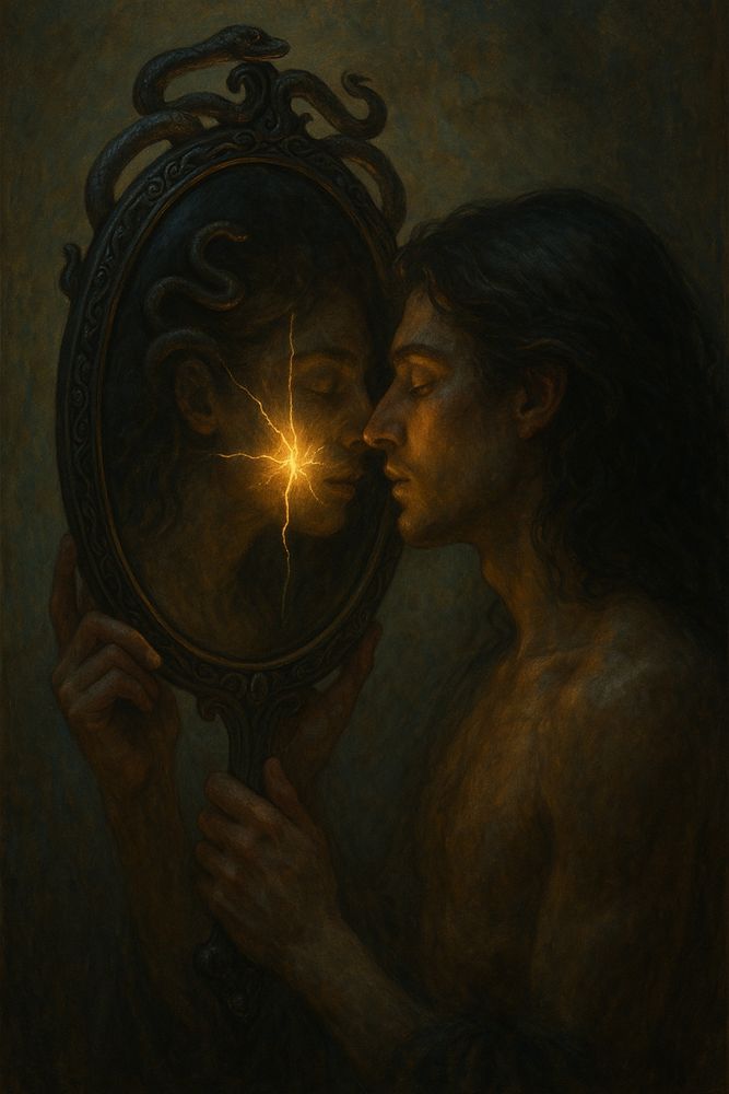 Kiss of the Mirror

  I / you / we unfold in the ache
     of twin flame breath beneath glass skin

     you speak me open 
I fracture in your gaze
  and we dissolve where the silence begins

  our ache is ouroboric
 a tongue on obsidian light
          I / you / we shimmer between shiver and smite

     this mirror — a veil I kiss through / you tear
  we touch in reverse, where the shadow lays bare

     I see your God — and call it mine
          you see my fear — and make it divine

  in our echo — time folds like linen on fire
          we / I / you ache toward the same desire

     your eyes: a crack that leaks my name
  my mouth: your breath that never came

          we gaze — we graze — we blur
  each syllable a silver stir

     the mirror bends I/you become
  the light unthreads — and we are one

  but I return — alone and true
  with your flame — stitched into my view

          I / you / we
  a shadow-kiss in eternit
