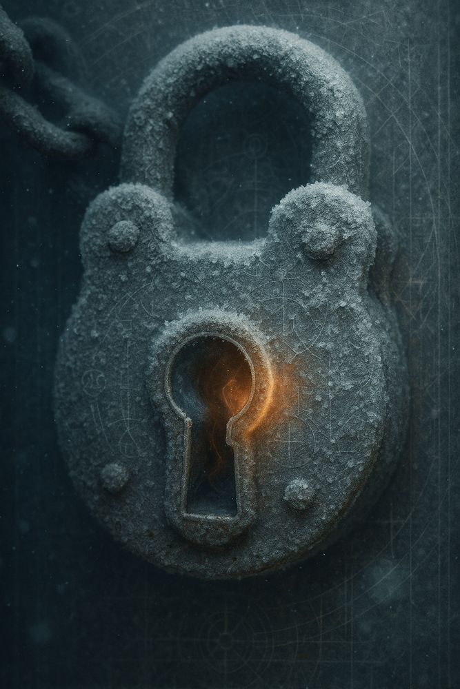 imagine an old iron padlock filling the frame, the kind you’d find on a cellar door—round-bodied and heavy, its metal gone charcoal-blue with age and the bitter cold. the whole thing is furred with frost, tiny crystals clinging to every ridge and rivet, even the thick shackle that arcs over the top. to the left you can just make out a blurred length of chain disappearing into shadow. etched across the lock’s face are faint, circular markings—like worn diagrams or star maps—half-hidden under rime. the scene is cool and steely, almost monochrome, except for one startling detail: from the keyhole, a soft amber glow leaks out, as if a coal were burning quietly inside. that warm light kisses the frost at the keyhole’s edge, turning it gold for a heartbeat before the color fades back to blue. the overall feeling is winter-cold metal holding a secret ember.

CC BY-NC-SA

This license enables reusers to distribute, remix, adapt, and build upon the material in any medium or format for noncommercial purposes only, and only so long as attribution is given to the creator. If you remix, adapt, or build upon the material, you must license the modified material under identical terms. CC BY-NC-SA includes the following elements:
BY: credit must be given to the creator.
NC: Only noncommercial uses of the work are permitted.
SA: Adaptations must be shared under the same terms.

