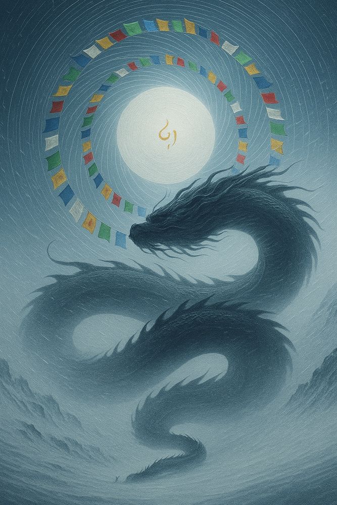 if you were standing beside me, I’d tell you to picture a stormy, midnight-blue sky etched with soft circular swirls, and in it a vast, shadowy dragon made of mist, curling up from the fog like a living S-shaped thunderhead; its mane frays into the wind as its long body loops toward a huge pearl-white moon at the center; around that moon, strings of bright prayer flags—red, blue, yellow, green, and white—spiral twice like a halo in motion; there’s a tiny golden glyph glowing on the moon’s face, a single ember of warmth in all the cool blues; down near the bottom everything fades to vapor and mountains, while the dragon’s tail disappears into the haze, so the whole scene feels windy, sacred, and impossibly big, as if the sky itself were breathing.

CC BY-NC-SA

This license enables reusers to distribute, remix, adapt, and build upon the material in any medium or format for noncommercial purposes only, and only so long as attribution is given to the creator. If you remix, adapt, or build upon the material, you must license the modified material under identical terms.

CC BY-NC-SA includes the following elements:

BY: credit must be given to the creator: Innerstellar Arcadia @innerarcadia.bsky.social
NC: Only noncommercial uses of the work are permitted.
SA: Adaptations must be shared under the same terms.

