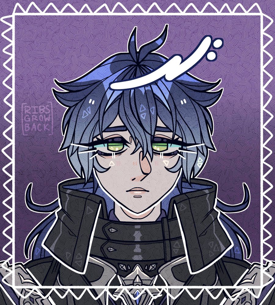 A deep purple portrait of Flins from Genshin Impact I drew with a sharp spiked border.