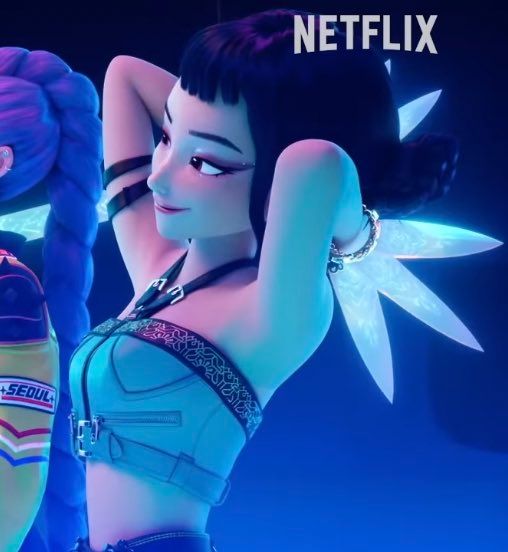 Screenshot of Zoey from K-Pop Demon Hunter. It's from the intro song where they draw their weapons.