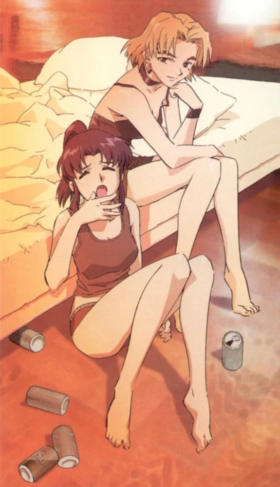 nge promo art of misato and ritsuko sitting near the edge of a bed with beer cans on the floor