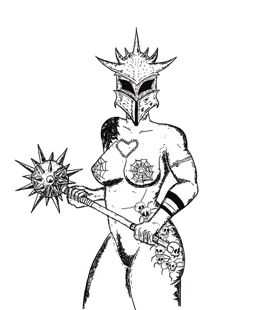 nude woman with tattoos holding a large spiked mace, wearing a pointy helmet 🔪💜