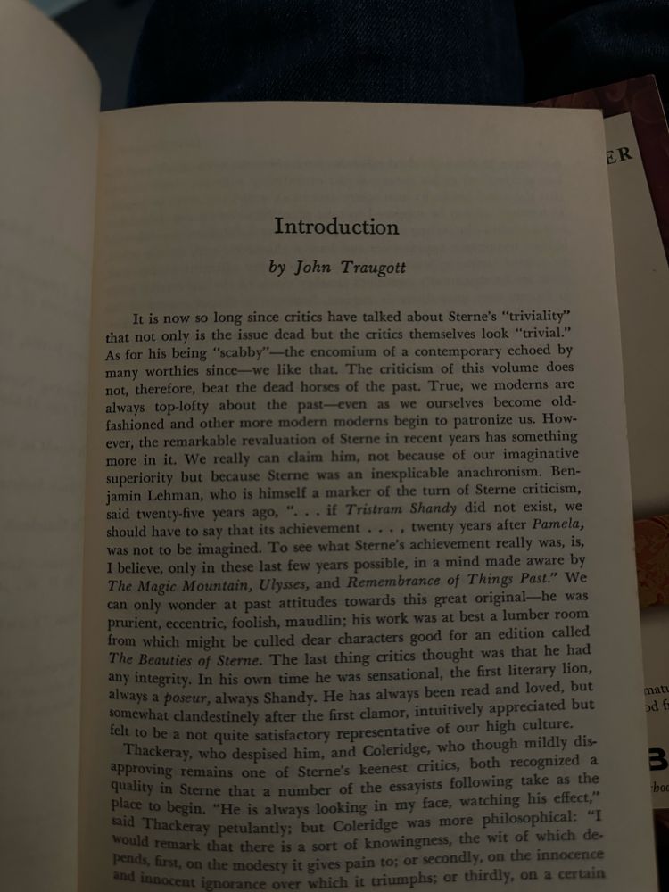 A picture of the first page of a collection of critical essays by Laurence Sterne. This page includes the start of the introduction by John Traugott, who also edited the book.