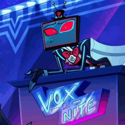 a cartoon character is sitting at a table with a sign that says vox nite on it