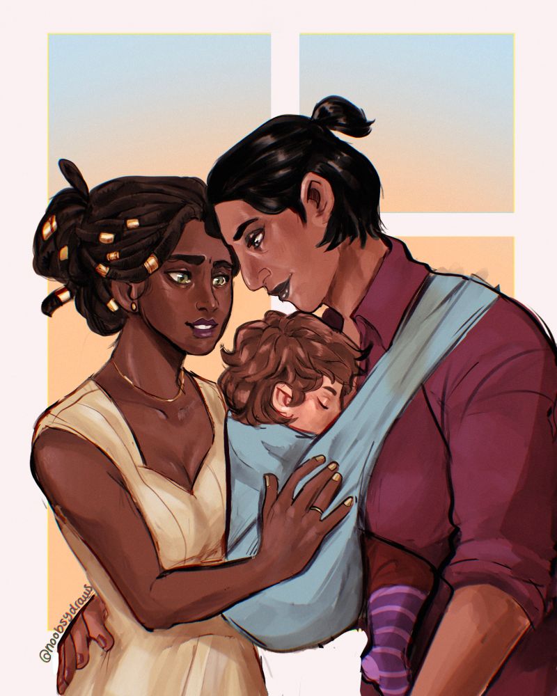 Mel and Sevika modern AU, holding Baby Isha, lovingly looking down at her. 