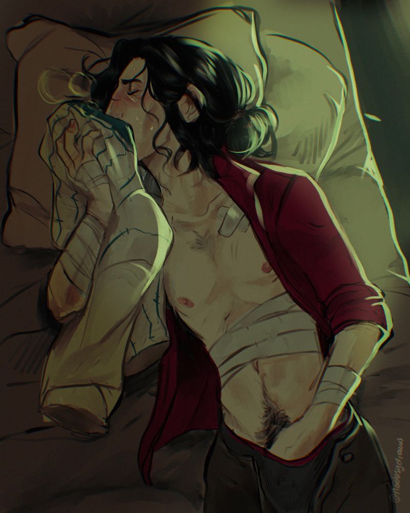 Young Silco touching himself while pressing his face into Vander's shirt. Vander himself is not there. 