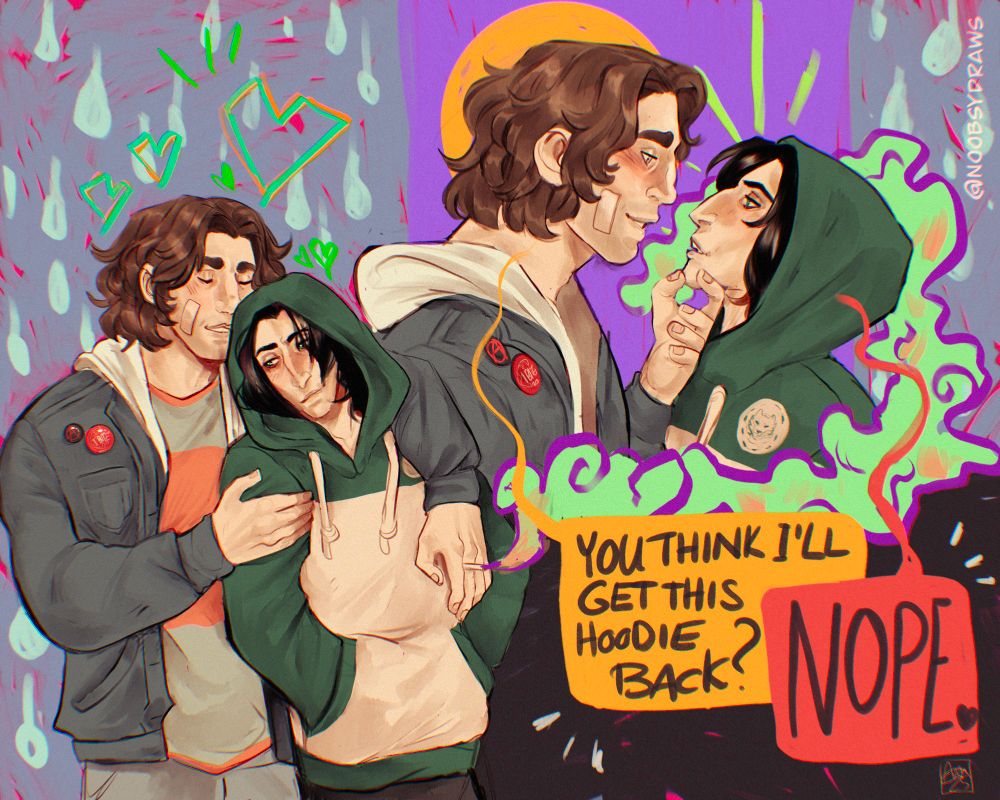 Fanart of young Vander and Silco from Arcane, modern AU . Silco wears Vander's hoodie and Vander asks if he will get it back, Silco answers "Nope."
The drawing has a sketchy background with raindrops and hearts. 