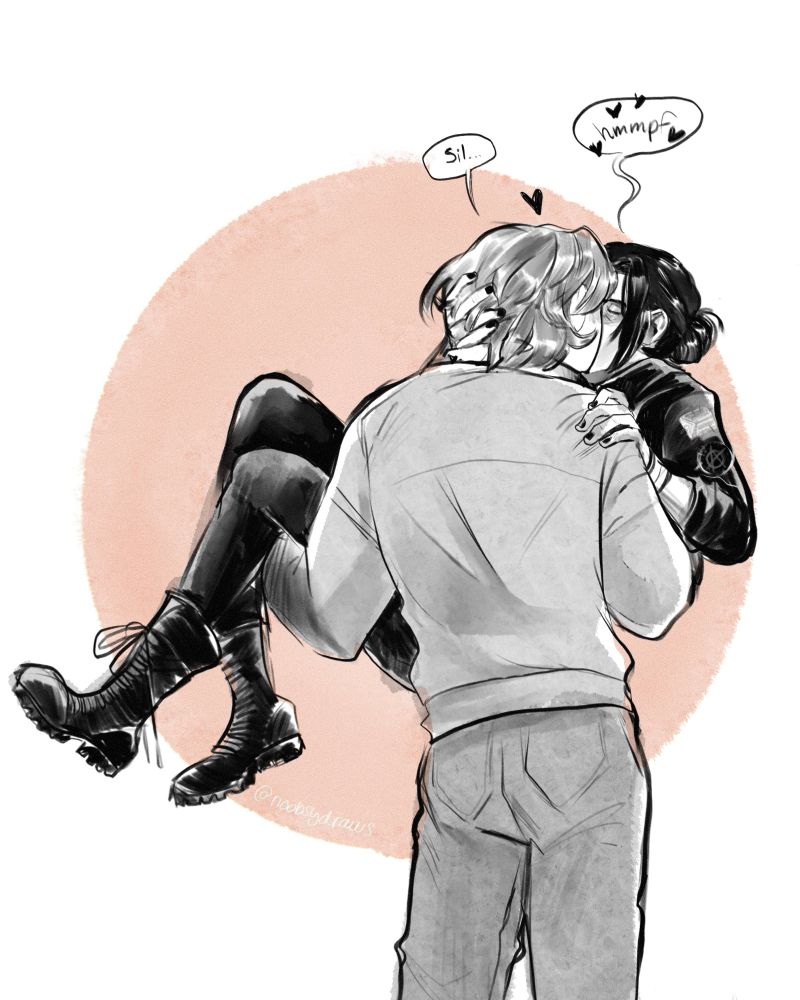 Vander seen from behind, has lifted up Silco and is getting a kiss. 
