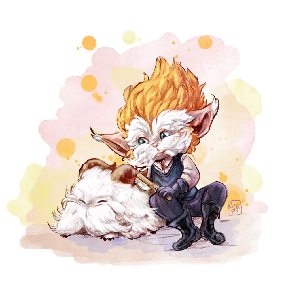 Professor Heimerdinger from Arcane brushing his Poro