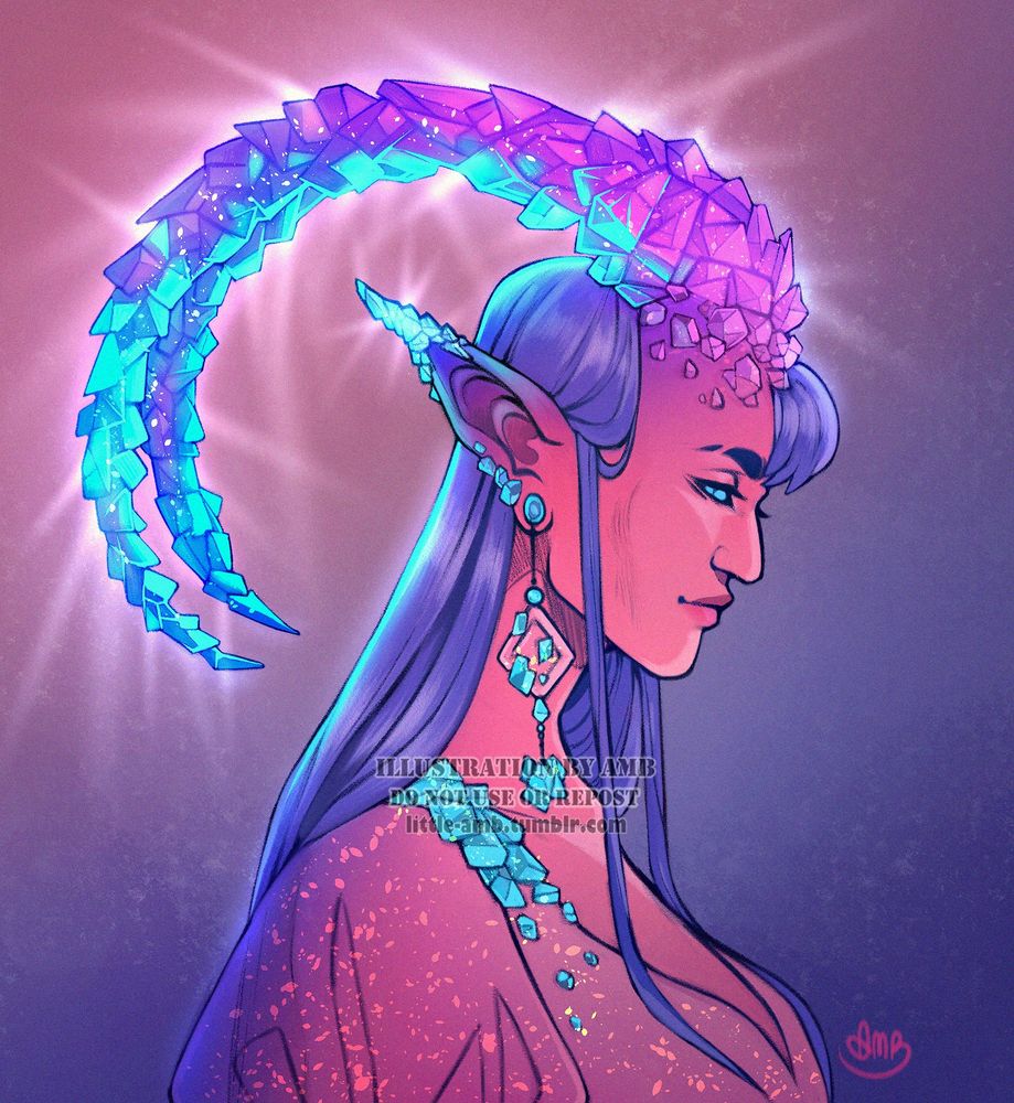 An illustration featuring character showing their side profile. They appear thoughtful, perhaps saddened. From their head sprout two big, very long curled horns. They're made of gemstone or glass of some kind, reflecting and scattering the light hitting them. Their pointed ears are also partly covered in gemstones, as are their earrings, and a part of their outfit. Heavy is their head. Heavy is their burden.