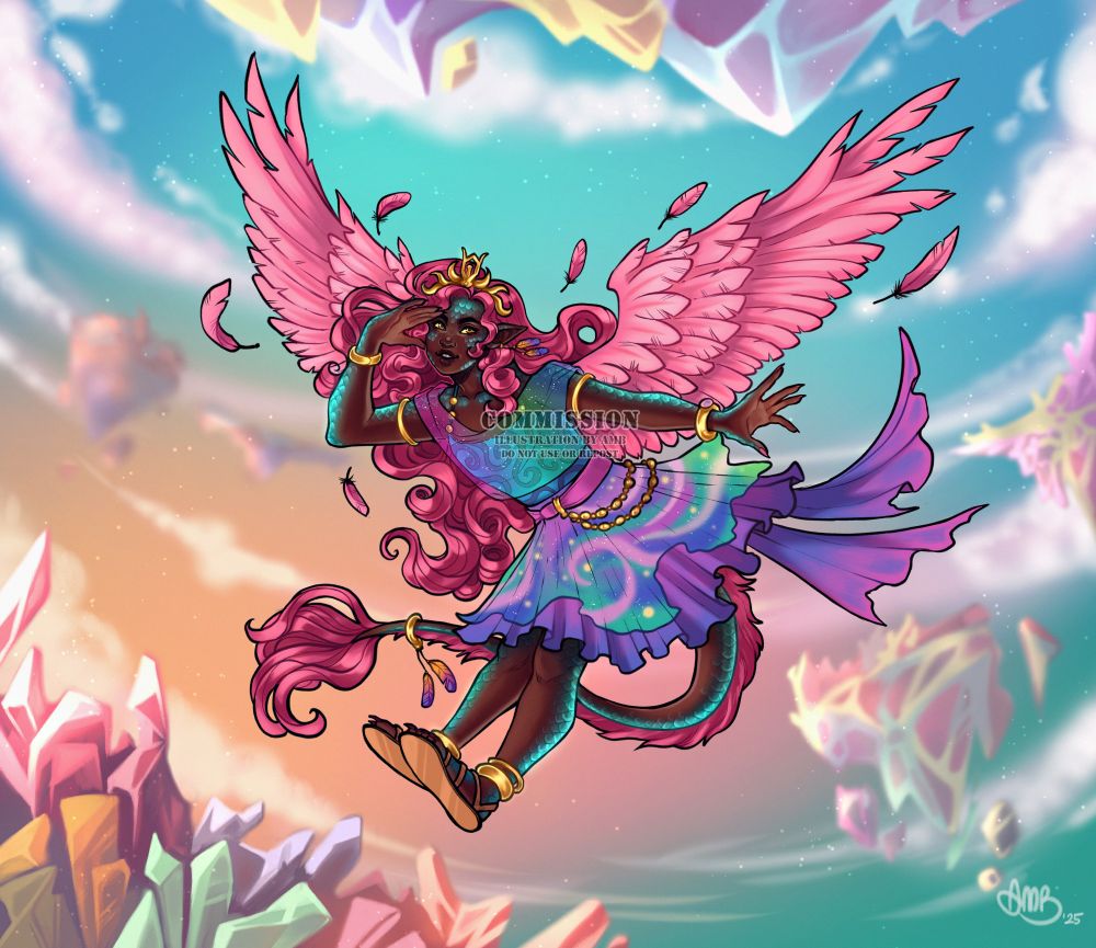 An illustration of a young character floating through the colorful skies full of crystal formations. She has long pink curly hair, big pink feathered wings, and teal scales across her face, limbs and tail. She's wearing a fun and colorful outfit and golden jewellery. 