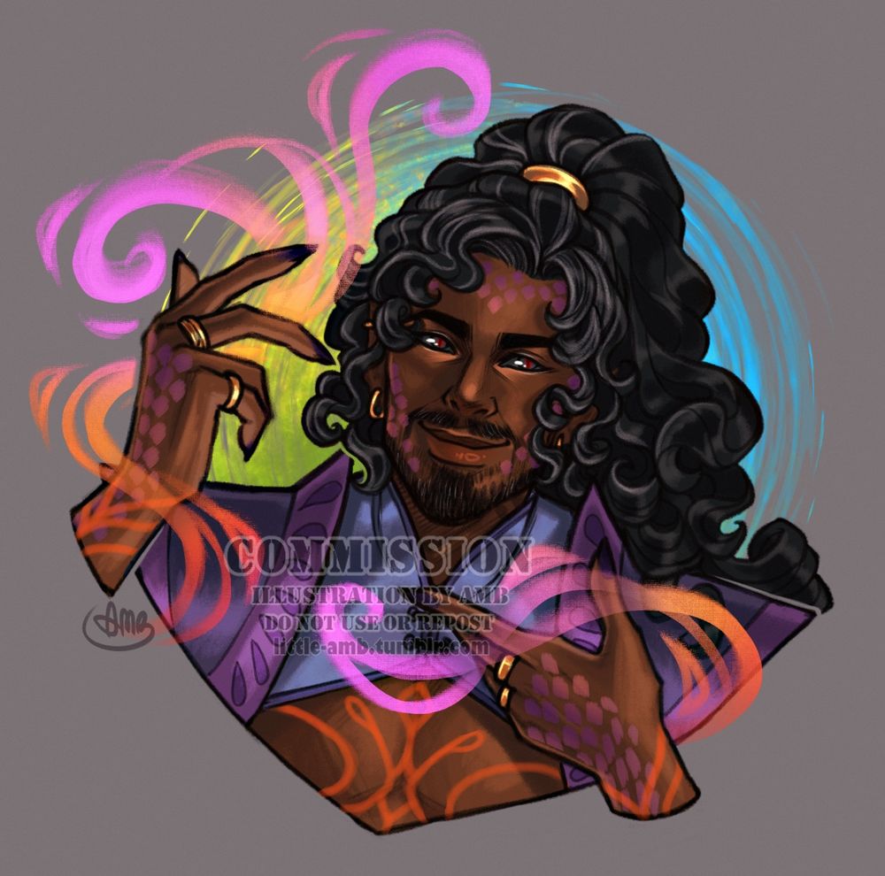 A bust illustration of a character with dark skin, dark facial hair and long, black hair wielding magic; his face has scattered scales and markings on it. He's smiling, looking to the side.