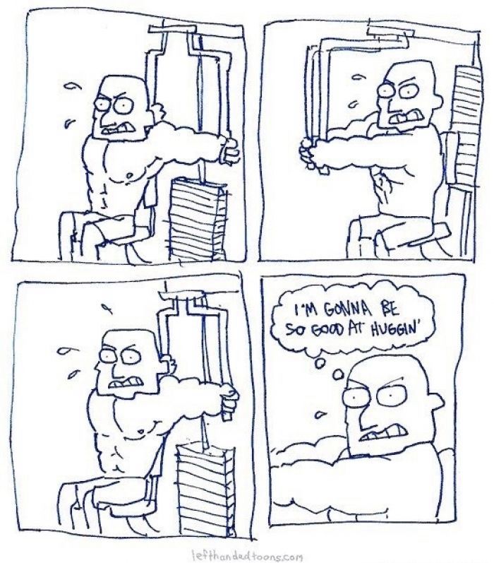 A comic of a big masculine bodybuilder working out and thinking “I’m gonna be so good at huggin’”