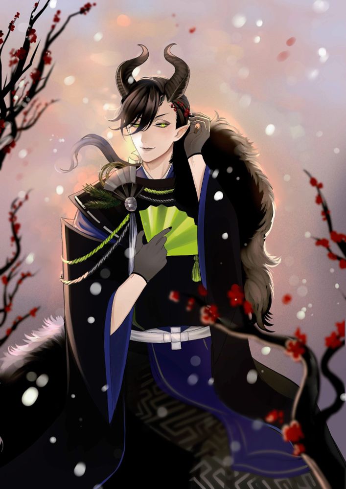 An illustration of Malleus Draconia from Twisted Wonderland in his New Years attire, surrounded by snow and plum branches