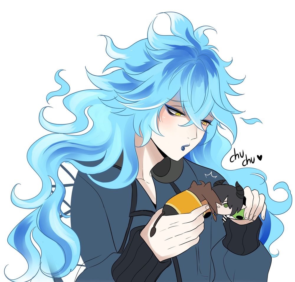 Illustration of Idia Shroud from Twisted Wonderland making little tsum plushies of Malleus and Leona kiss