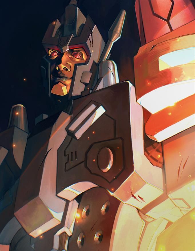 A vertically oriented bust digital painting of Overlord from Transformers IDW 2005. It is done with a mostly orange and dark blue palette. Overlord stands against a dark background, lit with stark lighting from below, smirking as embers rise into the air. 