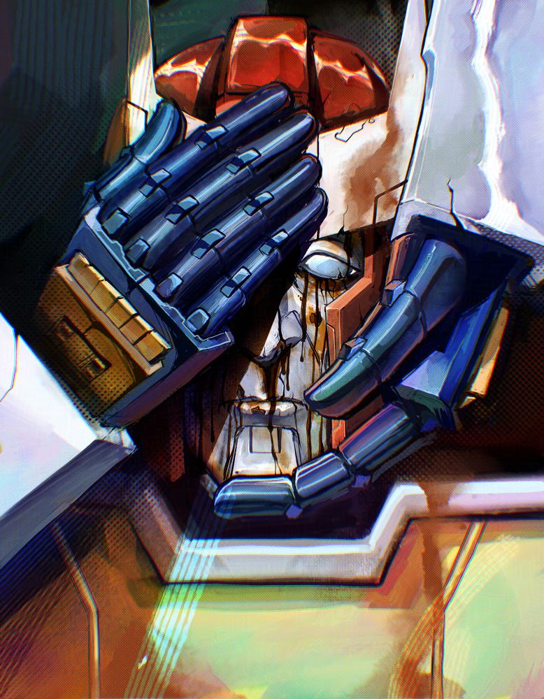 A digital drawing of Ratchet from the IDW 2005 Transformers comics run from the head up. He is against a dark background with a weary expression, and rust stains trail down his face. Pharma's hands cradle his head, covering his right eye.