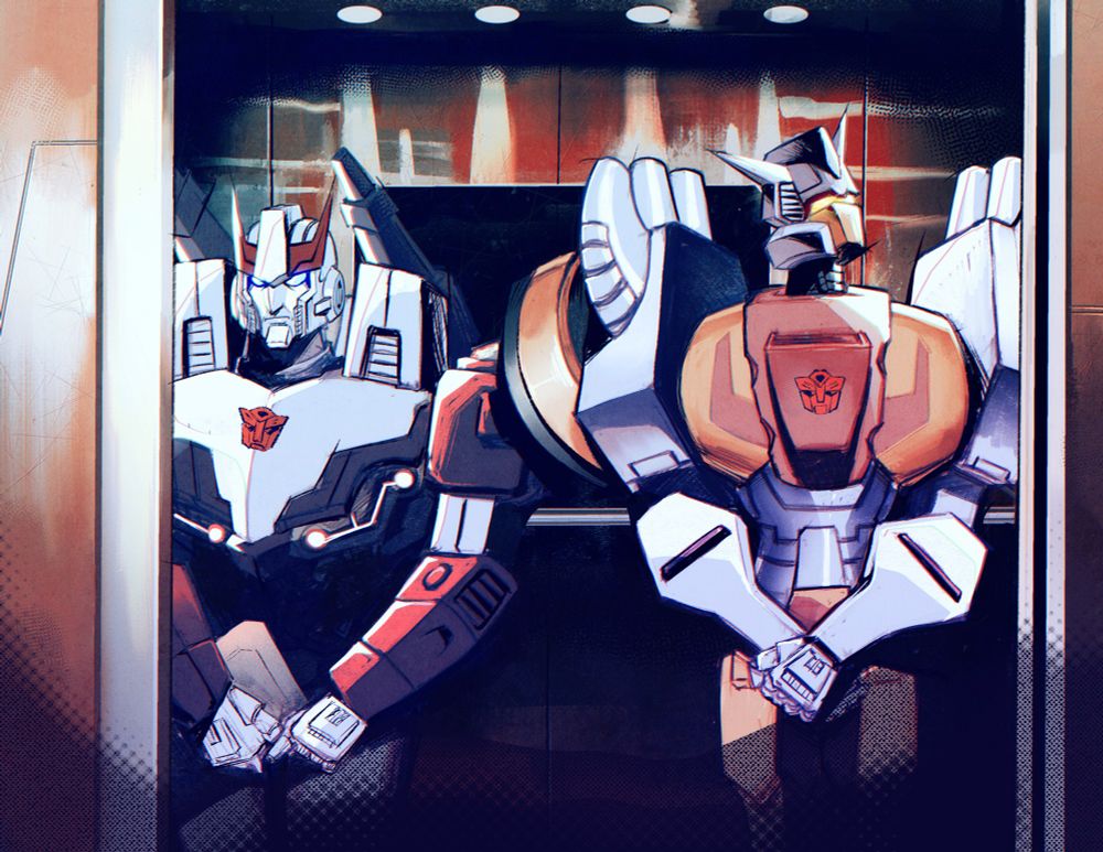 A horizontally oriented digital piece of Transformers IDW 2005 Prowl and Chromedome. They are in an elevator with orange metallic walls and stark lighting. Both have their hands awkwardly clasped together and are pointedly ignoring each other.