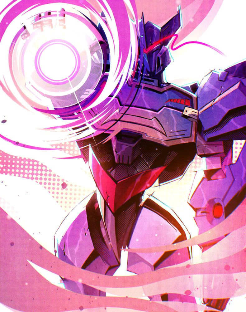 A digital illustration of Transformers Earthspark Soundwave in tones of mainly pinky and purple against a white background. He is shown from the thighs up with his hips cocked, and his right hand is raised towards the viewer using a sonic attack.