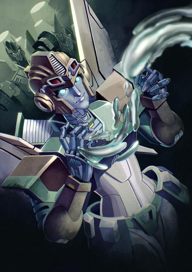 A vertically oriented digital painting of Anode from the Transformers IDW 2005 comics run. She is seen from the waist up at a diagonal angle against a dark green background. She is wearing a tense expression while sculpting sentio metallico that looks like floating liquid mercury. In the background under stark ceiling lights, Velocity and an unnamed Camien, presumably an instructor, watch on.