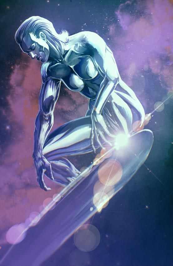 A vertically oriented digital painting of the Silver Surfer from the recent Fantastic Four: First Steps movie. She is kneeling on her surfboard with her hands resting on her knees. Her eyes are closed, and she has a pensive expression. She is set in space against an interstellar cloud in muted tones of blue, purple, and pink.  