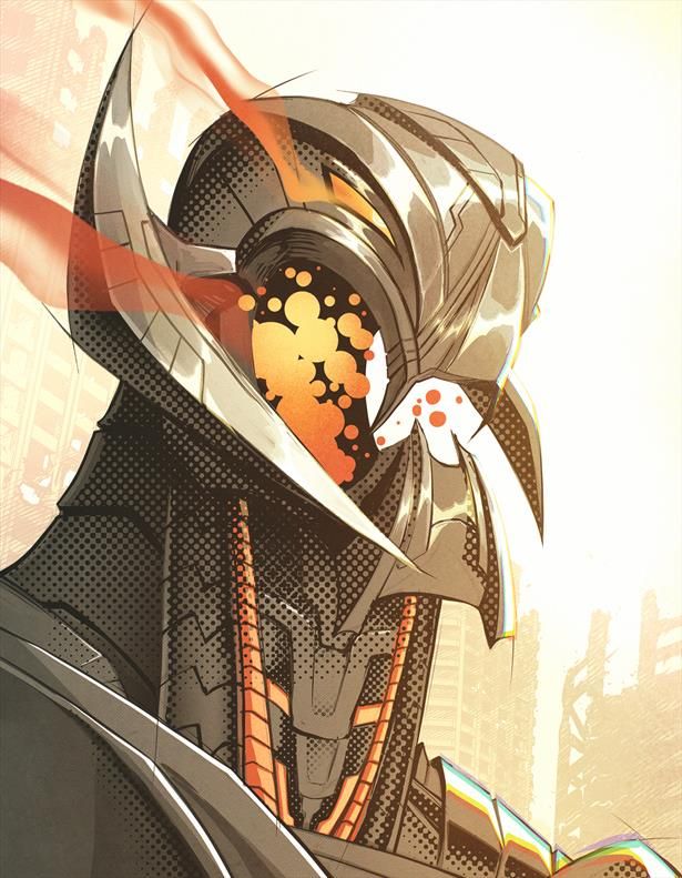 A vertically oriented digital headshot of Ultron from Marvel Rivals. His mouth is stylized after classic comic appearances of the character featuring the iconic "Kirby Krackle" in red-orange. The image has a warm tint with a risograph-inspired texture.