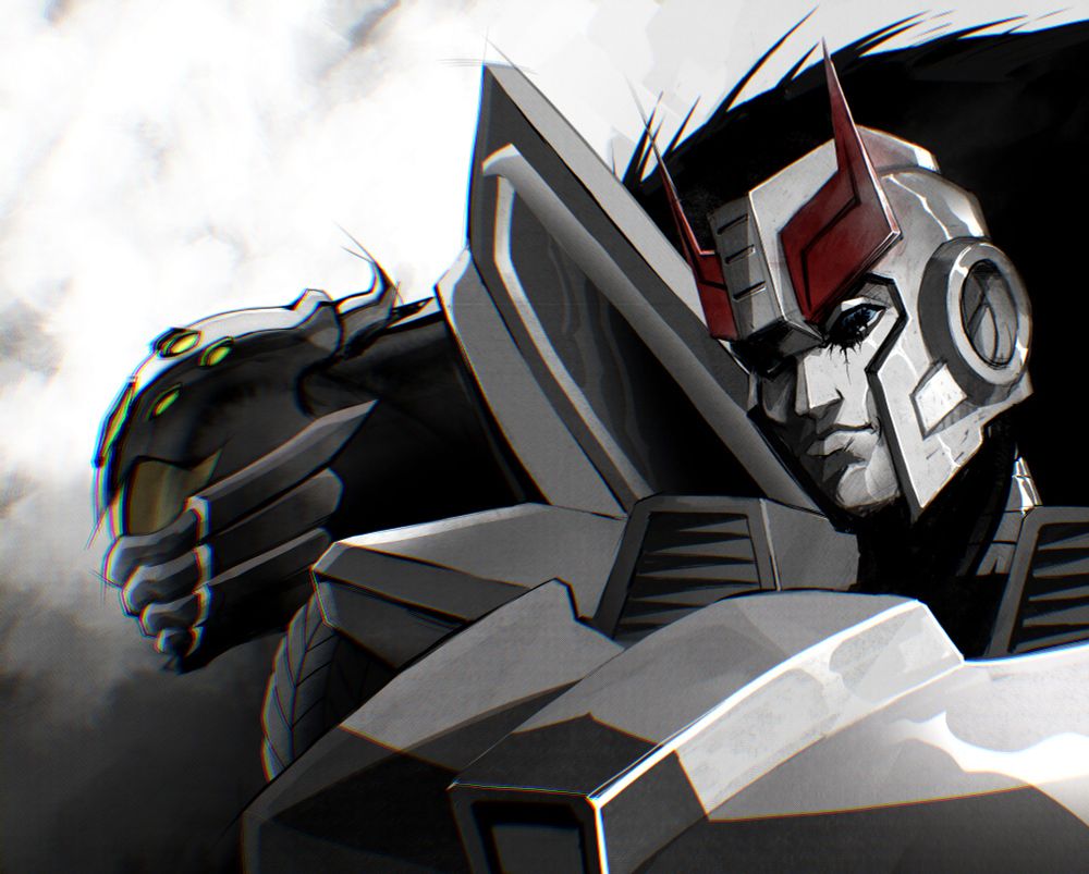 A horizontally oriented digital drawing of Prowl and Tarantulas from the Transformers IDW 2005 comics run. It is a bust mostly in black and white with limited color in their optics, Prowl's chevron, and Tarantulas's forehead accents. Prowl stands in front of Tarantulas with his head tilted and part of his face heavily cast in shadow. Behind him, Tarantulas is in profile.