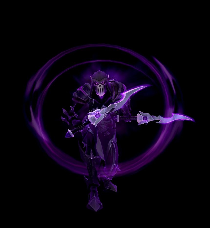 A screenshot made in the Narcissus addon for World of Warcraft. A female blood elf rogue wearing dark armor with purple highlights and carrying two daggers stalks forward while purple energy swirls around her. She wears a hood with a silver skull faceplate. 