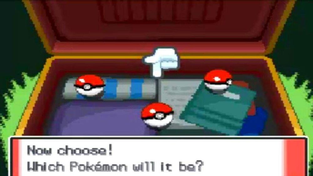 Image of 3 pokeballs in a briefcase, captioned:

"Now choose!

Which Pokemon will it be?"