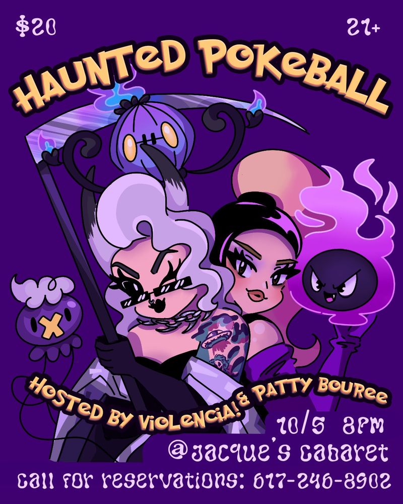 Violencia and Patty look haunting in purples and black clothing alongside a chandelure, ghastly and drifloom