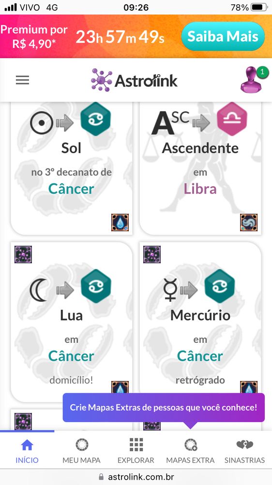Print do mapa astral da senhorinha que tem o sol em câncer, ascendente libra e lua em câncer