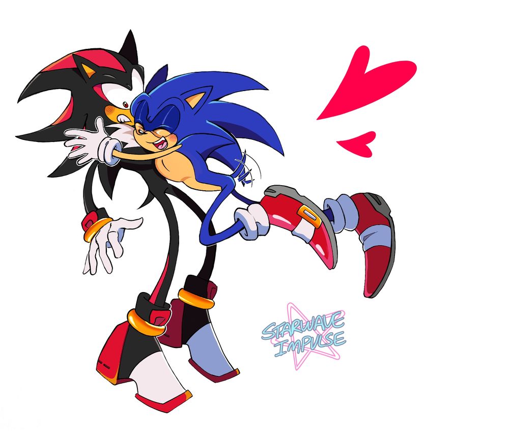 Sonic is leaping into Shadow, giving him a big hug. He's very happy and has a big smile on his face. Shadow looks surprised by the sudden affection. Both are blushing. There are two big, red hearts beside them