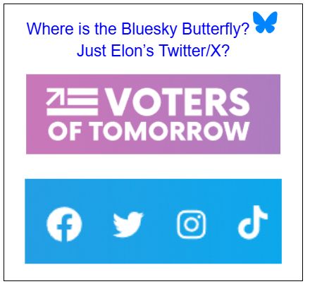 Social media icons which do not include Bluesky butterfly. Includes text: Where is the Bluesky Butterfly? Just Elon’s Twitter/X?