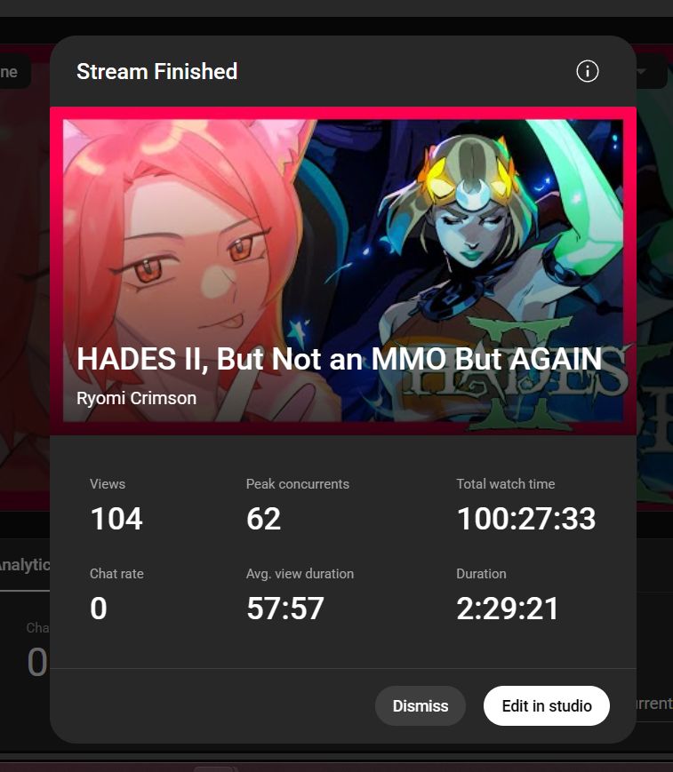 A finishing screen for a YouTube stream showing 104 views, 62 peak concurrent views, a total watch time of 100 hours 27 minutes and 33 seconds and an average view duration of 57 minutes and 57 seconds