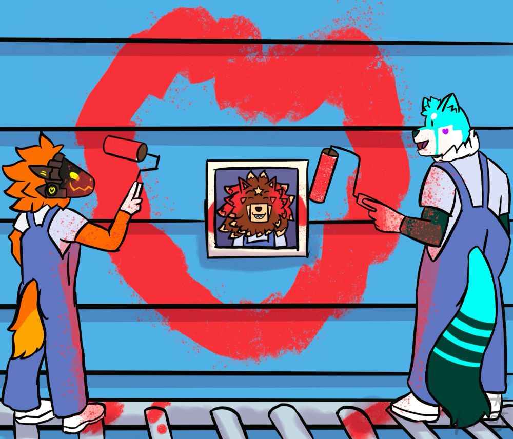 A couple painting an imperfect  heart.
And a friend of theirs helping out and getting painted on in the process. 
Also while standing on a ladder around the second story of the house

