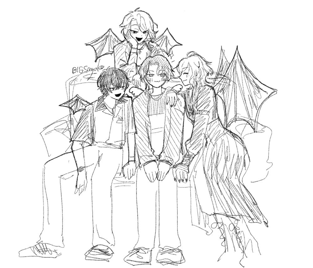 ちっちゃい天使の羽が生えた七基が、悪魔の羽が生えてニコニコした潜、添、ゆんゆんに囲まれていて、無垢な笑顔を浮かべているイラスト