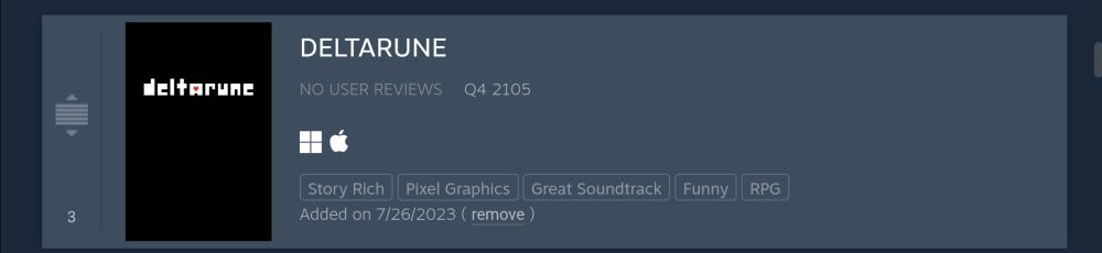 Screenshot of steams Wishlist section with the game deltarune captured, it's release date is "Q4 2105"