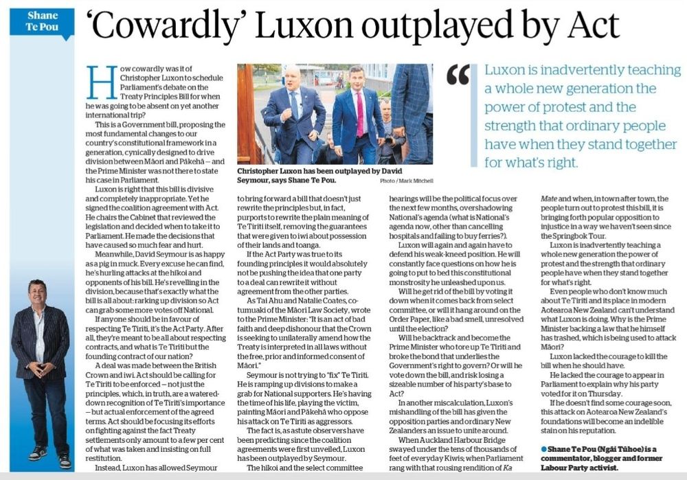 Screenshot of newspaper article headed "'Cowardly' Luxon outplayed by Act". 