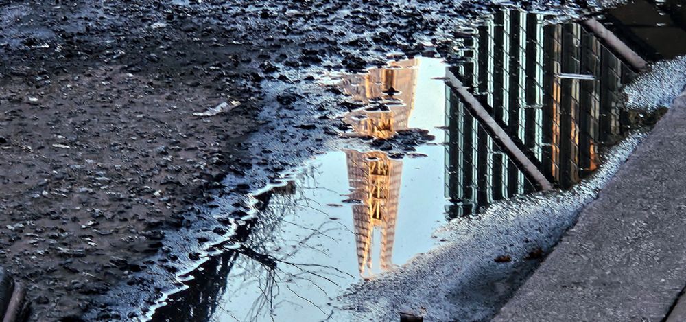 Puddle in a pothole reflects the Shard building