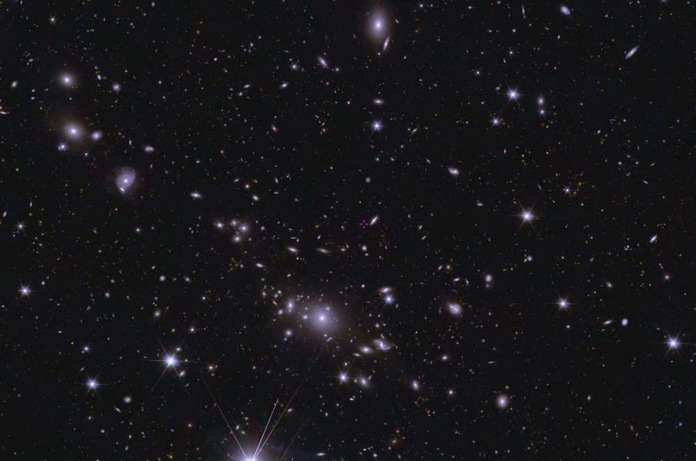 A deep sky image of lots of point sources of light and galaxies that are hanging in space. 