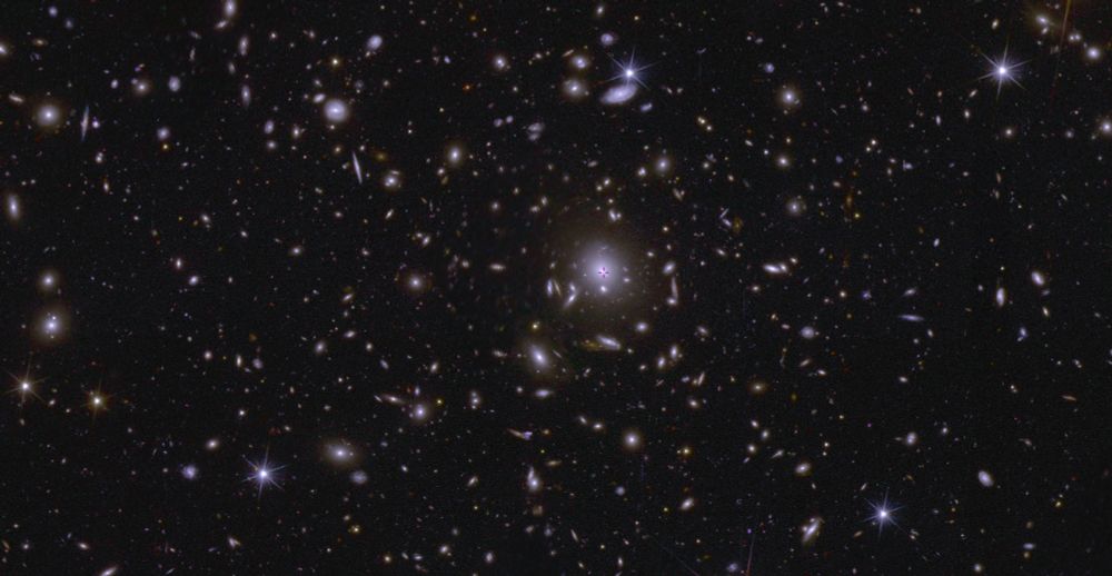 a bright central galaxy, surrounded by rings and arcs of other galaxies that number in the thousands