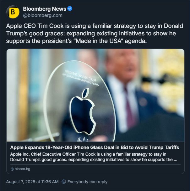 Post from Bloomberg News - Apple CEO Tim Cook is using a familiar strategy to stay in Donald Trump’s good graces: expanding existing initiatives to show he supports the president’s “Made in the USA” agenda. - with article