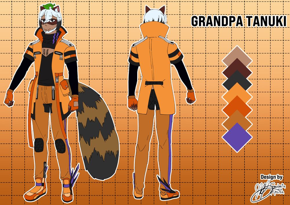 Grandpa Katsu Tanuki ref sheet, featuring his name, color schemes, and signature tag by his lovely artist Gardenia Resilia here on Bluesky!